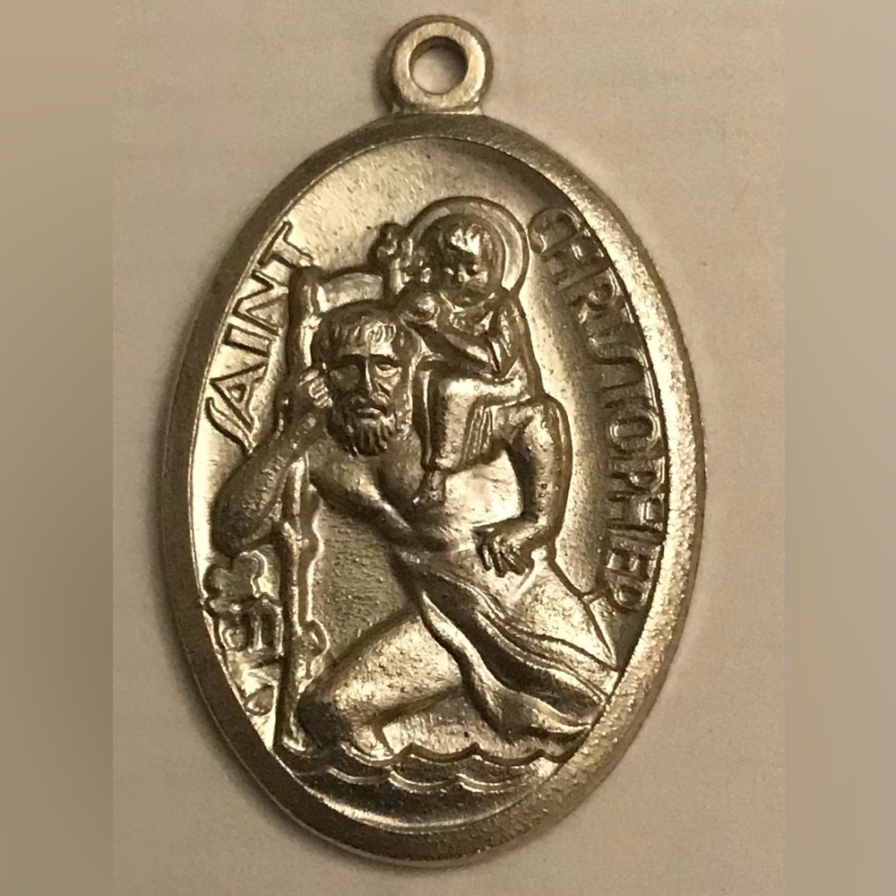 VTG Saint Christopher Siver Filled Antique Religious 3D OVAL Charm Pendant